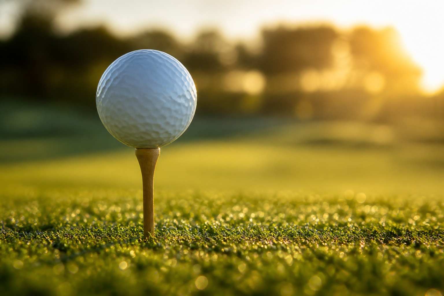 Golf ball on a tee in morning dew