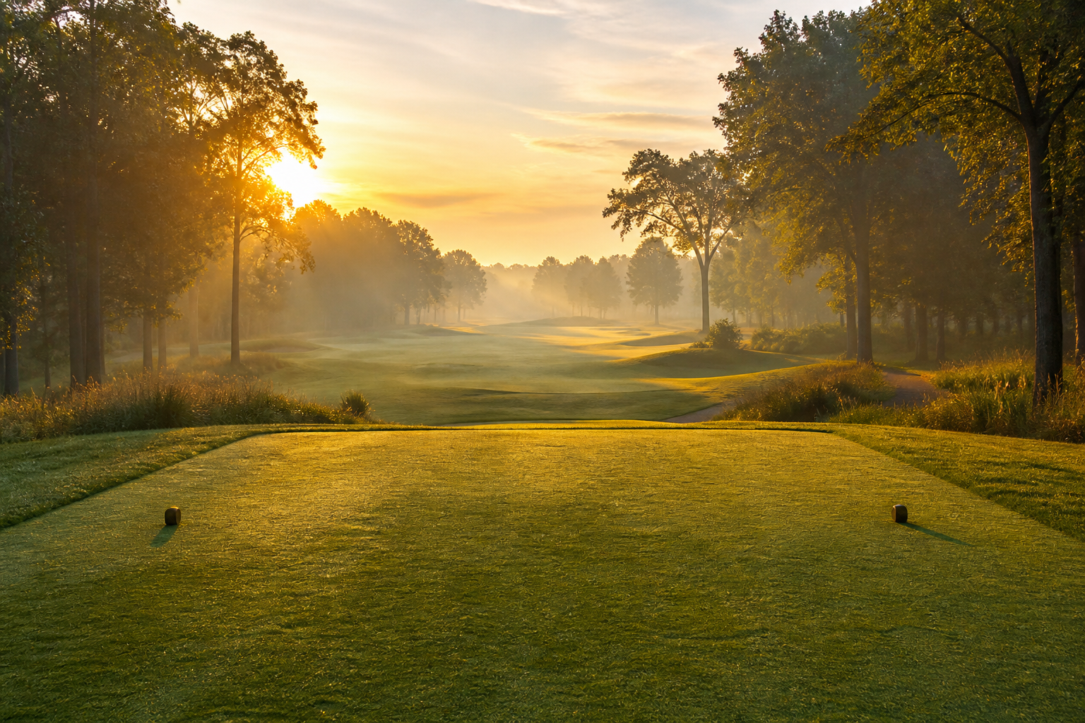 Sunrise over a quiet golf fairway